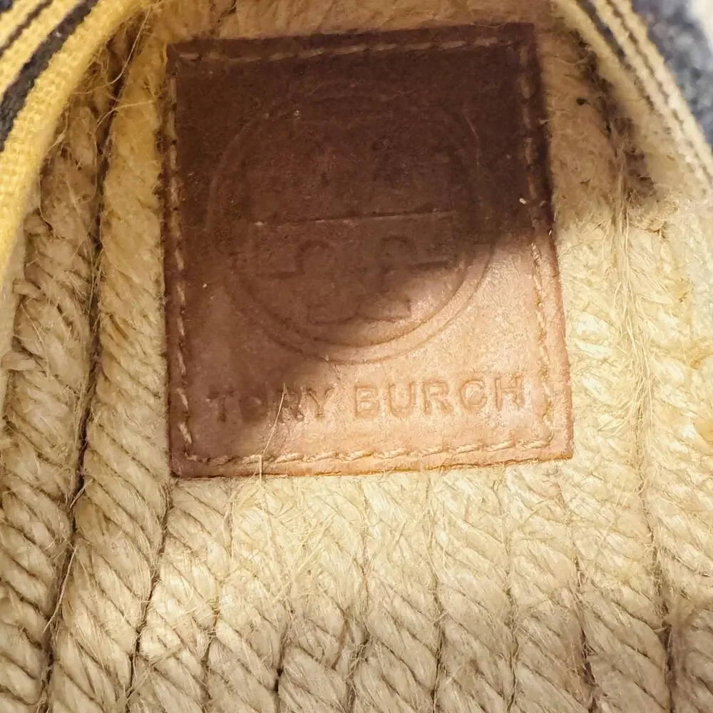 Tory Burch Shoes Womens 8.5 Blue Ivory Canvas Stripe Espadrilles Jute Slip On